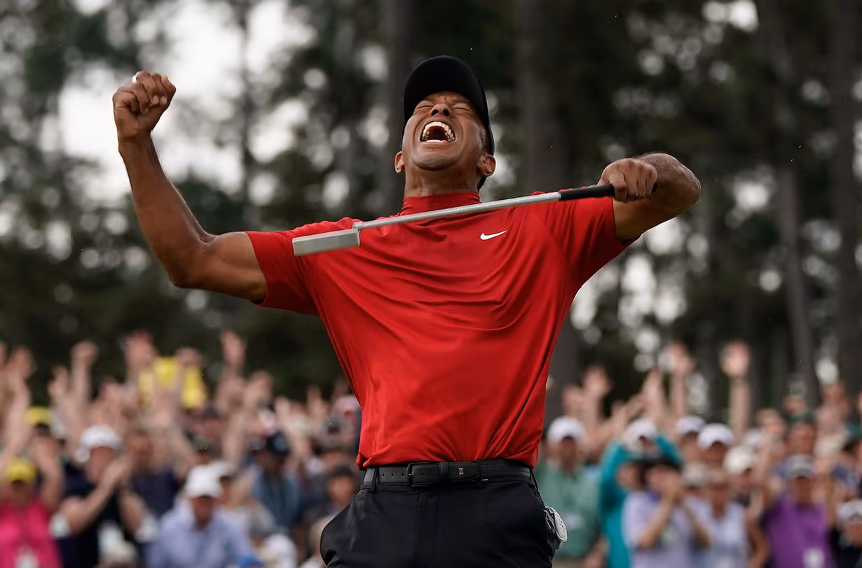 Tiger Woods celebrating his 2019 Masters victory