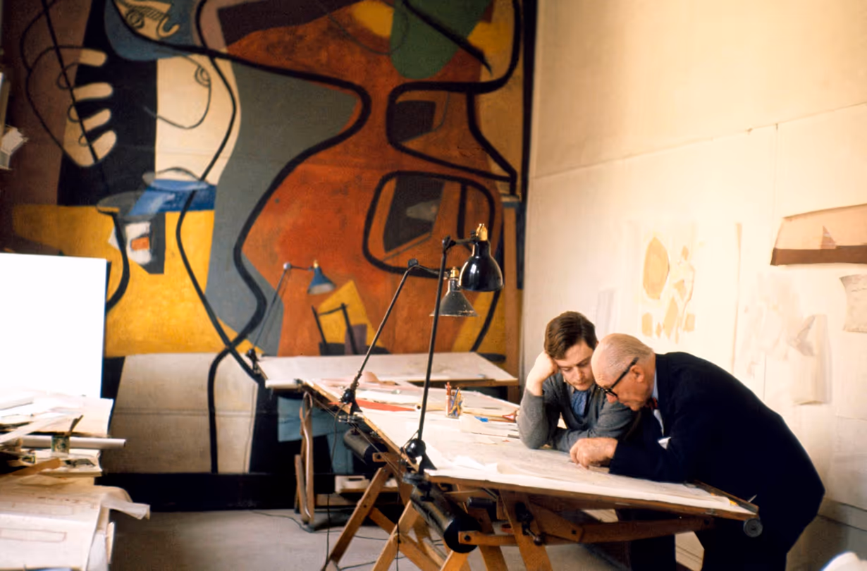 Le Corbusier and José Oubrerie in his studio